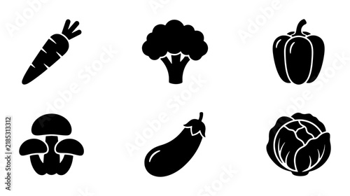 Vector Vegetable Icons Set: Carrot, Broccoli, Pepper, Mushroom, Eggplant, Cabbage for Healthy Food Graphics