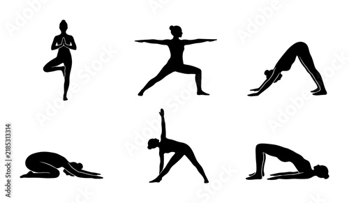 Yoga Poses Silhouettes Set: Health, Wellness, Meditation, Fitness, Flexibility, Balance, Asanas, Vector Icons