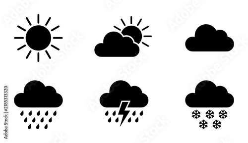 Set of 6 Black Weather Icons: Sun, Clouds, Rain, Thunderstorm, Snow, Forecasting Symbols