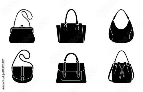 Set of 6 Black Handbag Icons, Fashion Accessory Vector Graphics, Elegant Purse Silhouettes for Style Collections
