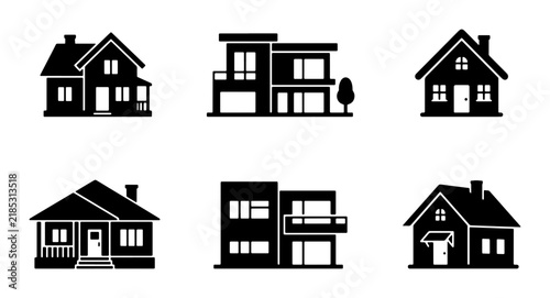 Modern and Traditional House Icons, Residential Building Silhouettes, Architectural Vector Graphics for Real Estate