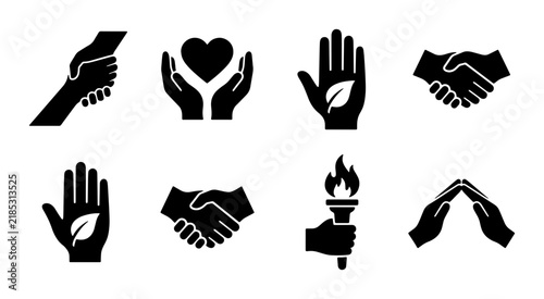 Set of 8 Black Vector Icons: Hands, Heart, Leaf, Torch, Partnership, Support, Care, Unity