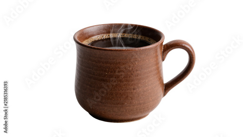 Bild auf Leinwand Steaming hot dark coffee in a rustic brown ceramic mug, isolated on transparent
