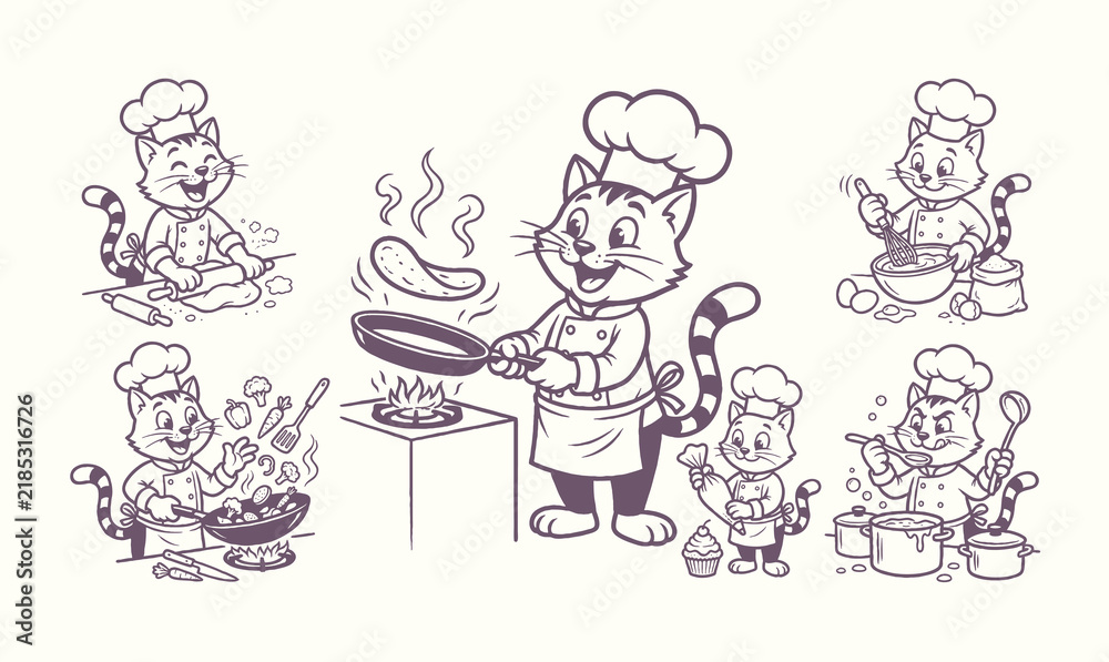 Fototapeta premium Vintage chef cat mascot character cooking doodle set vector illustration