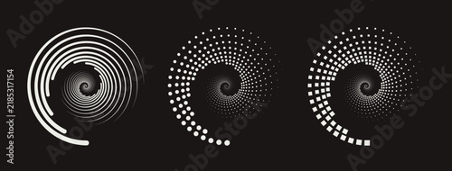 Set of different twisted speed lines in circle form. Abstract geometric circles with rotating linear, dotted and dashed lines who consisting of one sections. Design element for logo, prints, template