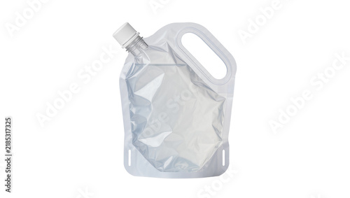 Bild auf Leinwand Clear plastic collapsible water pouch with white cap and handle, isolated on tra