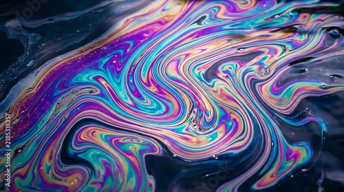 Oil Slick on Water Surface with Swirling Rainbow Colors and Dark