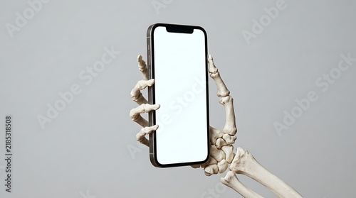 Skeleton Hand Holding a Modern Smartphone with a Blank White Screen on a Gray mobile phone