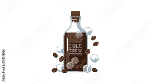 Cold Brew Coffee Bottle with Ice Cubes and Beans Vector Illustration