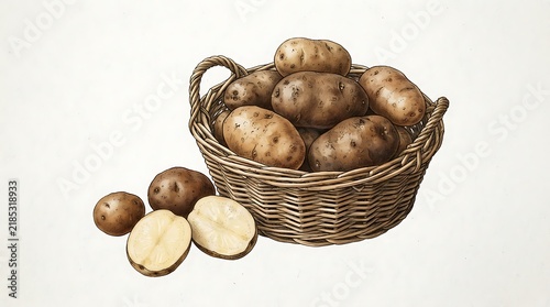 Woven basket filled with fresh potatoes, with some cut open and scattered on a light potatoes, basket, woven, wicker, harvest, root vegetable