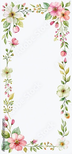Watercolor floral frame forming a delicate design border. Watercolor flowers and leaves creating a rectangular border on a white background
