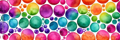 Colorful watercolor bubbles seamless repeat pattern background. Vibrant hand-drawn circles in rainbow colors creating an artistic abstract texture