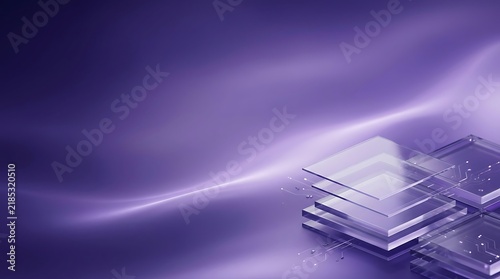 Glass semiconductor processor layers sit on a purple glowing abstract background with copy space.