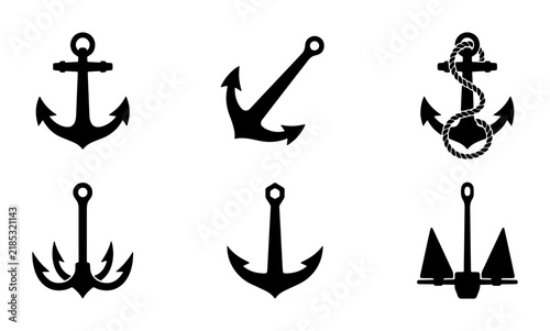 Nautical Anchor Icons Set, Maritime Marine Symbols Collection, Vintage Sea Voyage Vector Graphics