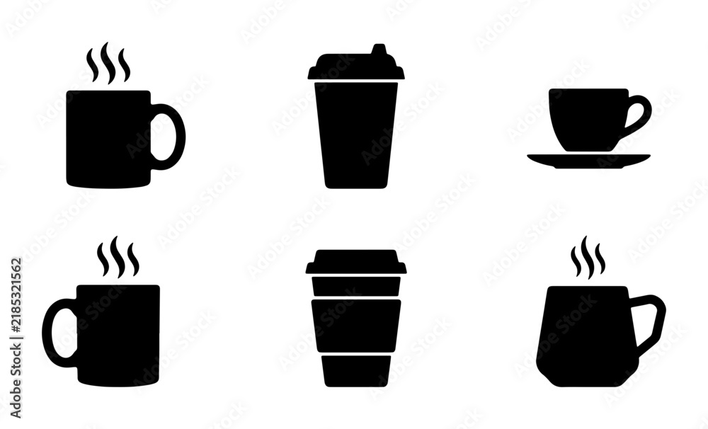 Fototapeta premium Hot Coffee Cup Icons, Beverage Drink Mugs, Espresso Saucer Set, Vector Collection for Cafe and Restaurant