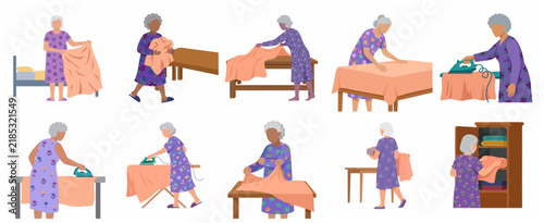 Senior women performing household chores set. Elderly characters doing laundry, ironing clothes, and making bed in flat vector style.