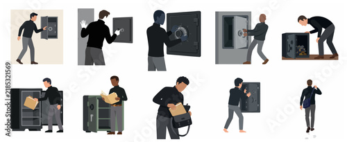 Thief and Burglary Vector Illustration Set: Man Stealing Confidential Documents and Money from Safes