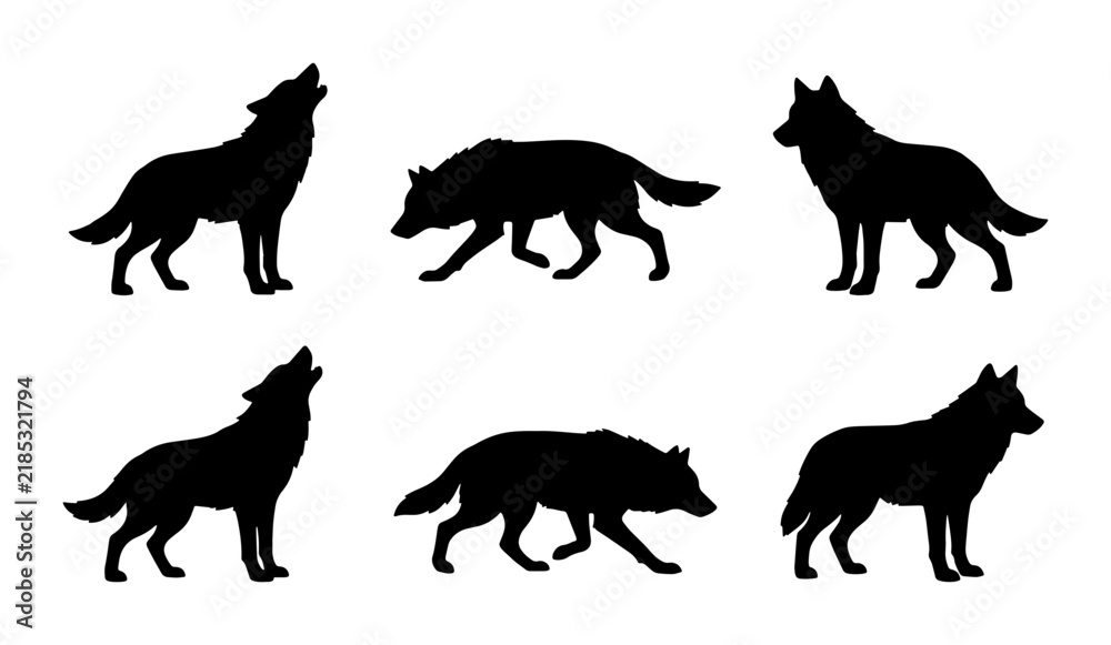 Obraz premium Wolf Silhouettes Vector Set: Howling, Walking, Standing Animal Icons for Wildlife and Nature Designs