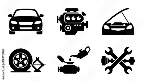 Automotive Service Icons: Car Repair, Engine Maintenance, Tire Change, Tools, Vector Set