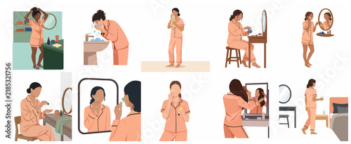 Set of flat illustrations of women performing daily beauty and skincare routines in pajamas