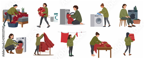Set of Flat Illustrations Showing Women Doing Household Chores, Laundry Routine, Washing Clothes, Folding Laundry, and Making the Bed for Domestic Life Concept