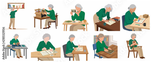 Set of senior woman engaging in various creative hobbies such as journaling, scrapbooking, and organizing memories in flat vector style