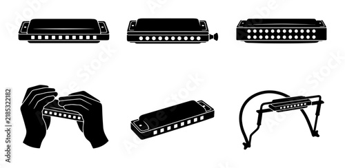 Obraz na płótnie Harmonica Set: Musical Instrument Icons, Blues Harp, Mouth Organ, and Accessorie