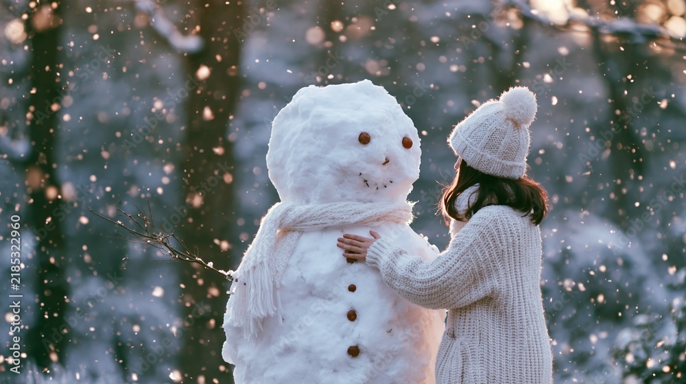 Obraz premium Young woman in a warm winter sweater interacts with a snowman during a snowy afternoon in the woods while snowflakes gently fall through the forest trees in winter.