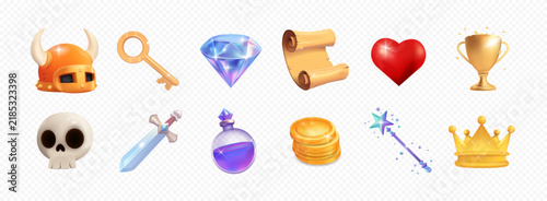 Game icon set with 3d fantasy items: viking helmet, sword, magic potion, gold key, diamond and crown. Cartoon fantasy game asset icons, 3D elements with glossy effect. Vector cartoon GUI collection