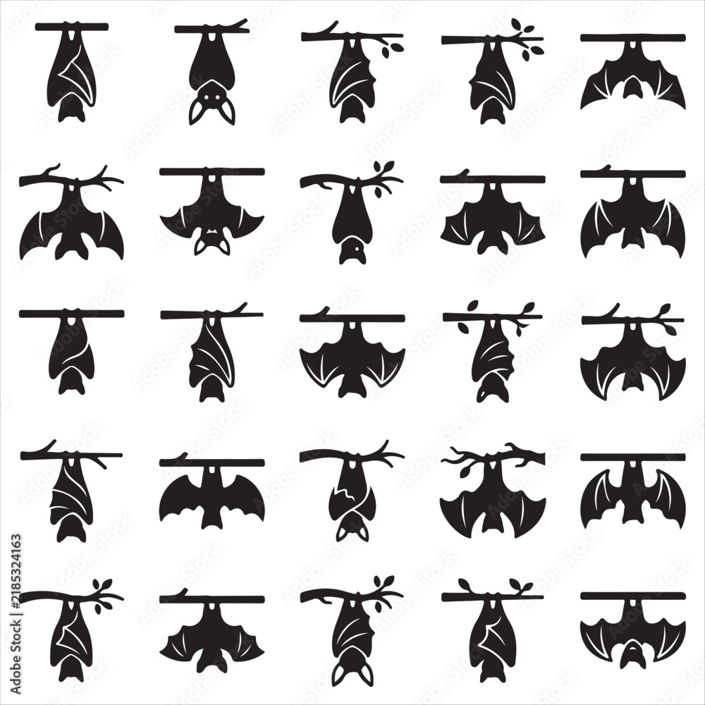 Obraz premium Set of black bat icons hanging upside down on tree branches with bat icon bat silhouette flying bat wildlife vector animal icon halloween animal nocturnal creature graphic design collection