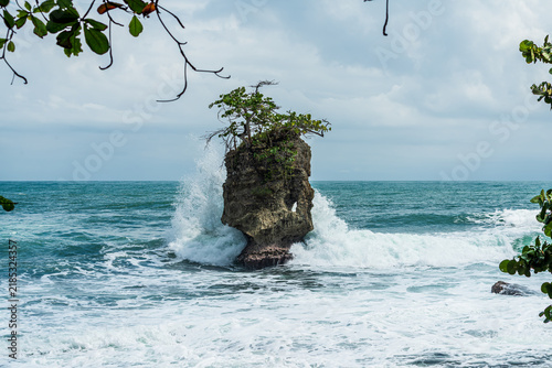 View of a weathered, tide-washed seastack rock formation topped with resilient green vegetation and splashed by the turquoise waves of the Caribbean Sea along the coast of Gandoca-Manzanillo National 