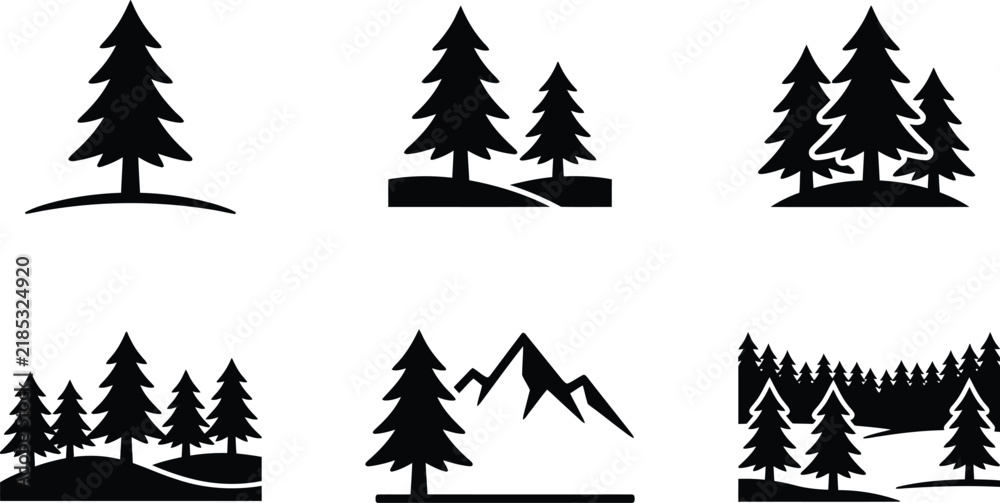 Obraz premium Minimalist pine tree icons set, black forest silhouettes. Evergreen spruce and mountain landscape vectors for outdoor branding and logos.