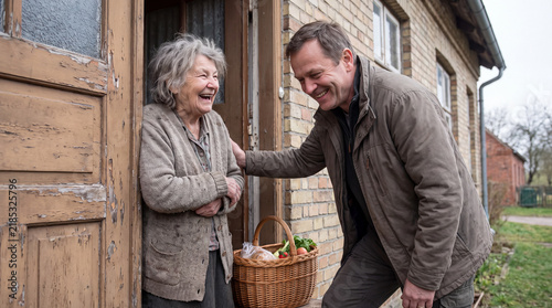 Neighbor delivering grocery basket to elderly woman at rustic farmhouse door