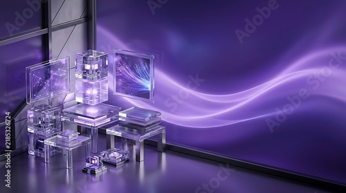 Glass podiums stand on a metallic floor against a glowing purple background with abstract light trails.