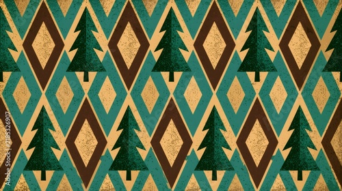Geometric pine tree pattern with vintage texture and rhombus shapes
