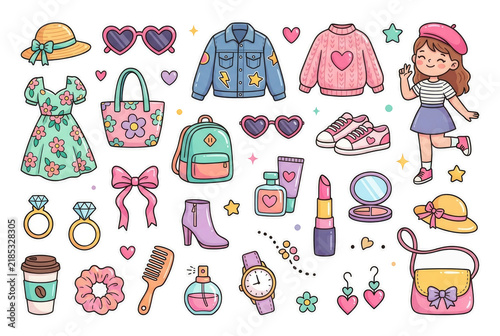 Set of cute fashion stickers featuring girl’s clothes and accessories. Concept of playful girly style and everyday fashion. PNG