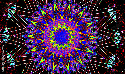 A colorful geometric pattern radiates from the center, forming a kaleidoscope-like effect. The design features symmetrical shapes with vivid hues.