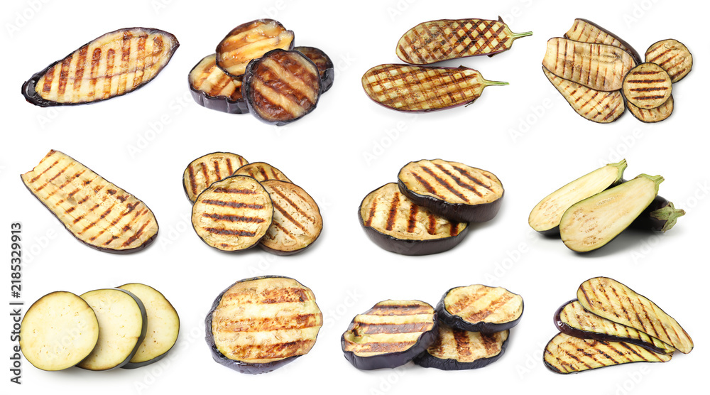Obraz premium Eggplant slices isolated on white, set. Grilled and raw