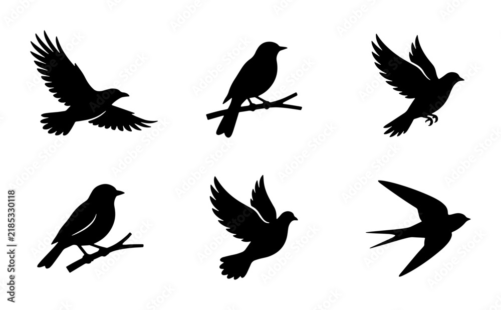Fototapeta premium Black Bird Silhouettes: Flying, Perched, and Dove Vector Icons for Nature and Freedom Themes