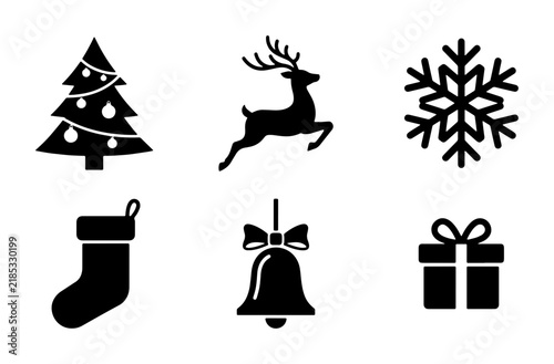 Christmas Icons Vector Set: Festive Tree, Reindeer, Snowflake, Stocking, Bell, Gift Box Graphics
