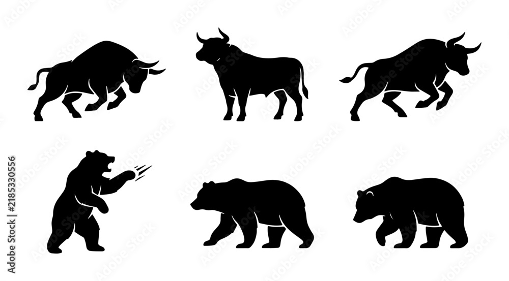 Fototapeta premium Bull and Bear Silhouettes, Stock Market Symbols, Financial Trading Icons, Investment Concepts Vector Set
