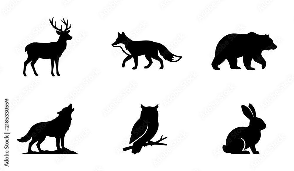 Fototapeta premium Forest Wildlife Silhouettes: Deer, Fox, Bear, Wolf, Owl, Rabbit Icons Set