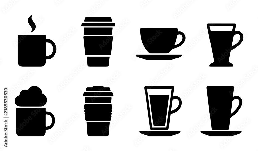 Fototapeta premium Coffee Cup Icons Set, Hot Beverage Mugs and Takeaway Cups, Black Silhouette Graphics for Cafes