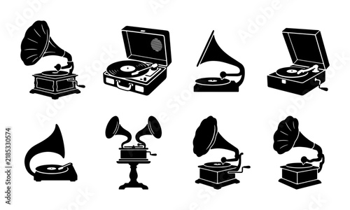 Vintage Gramophone Icons, Retro Phonograph Set, Antique Record Player Vector Collection, Music History Graphics