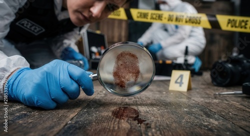 Forensic Investigator Examining Fingerprint Evidence At Crime Scene With Magnifying Glass