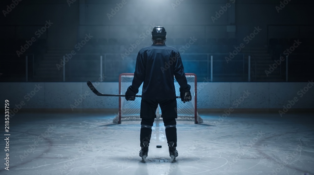 Fototapeta premium A hockey player stands on an ice rink facing a goal net, holding a stick. Concept of sports, competition, and determination, ideal for sports advertising and inspirational materials. Generative AI.