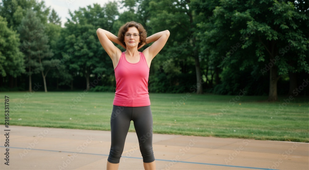 Fototapeta premium Fit older woman exercising outdoors, promoting active aging and healthy lifestyle in nature.