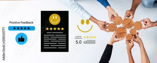 Konstfotografi Visual representation of teamwork and customer satisfaction with hands linking puzzle pieces, positive feedback elements, and emotive symbols