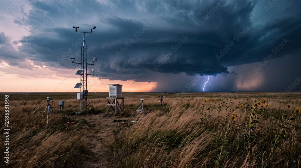 Obraz premium A weather station in a vast field with a stormy sky and lightning in the distance.