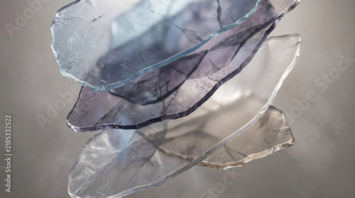Abstract translucent glass shard layers 3D render in soft blue tones